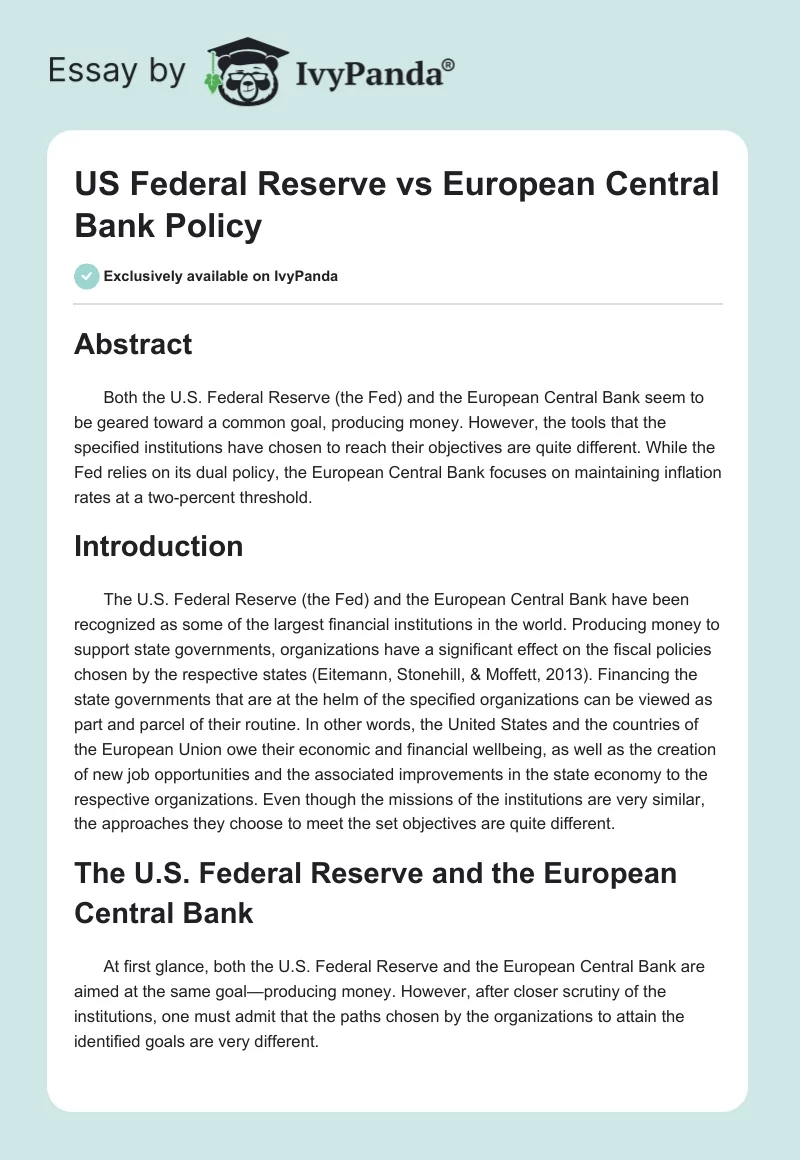 US Federal Reserve vs European Central Bank Policy. Page 1