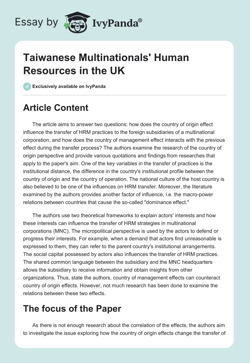 Taiwanese Multinationals' Human Resources in the UK. Page 1