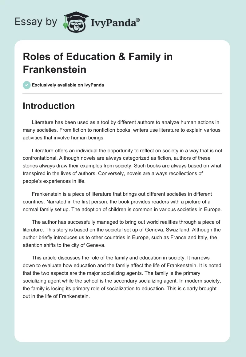 Roles of Education & Family in Frankenstein. Page 1