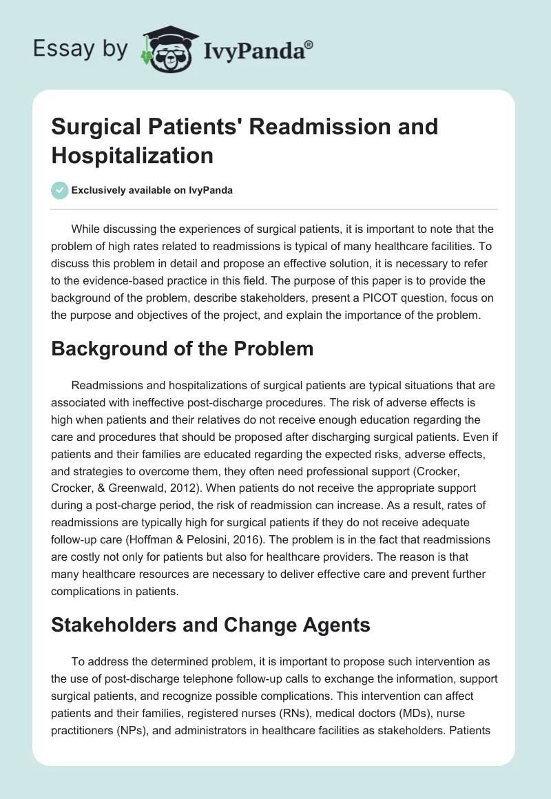 Surgical Patients' Readmission and Hospitalization. Page 1