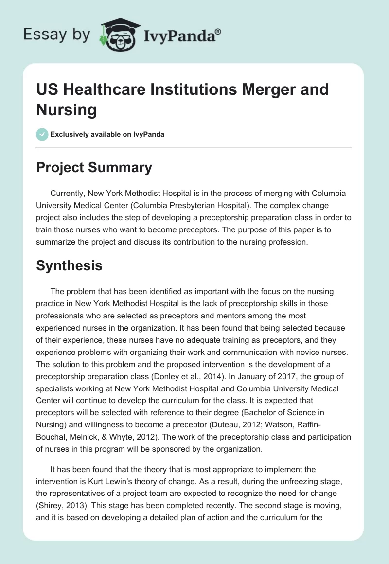US Healthcare Institutions Merger and Nursing. Page 1