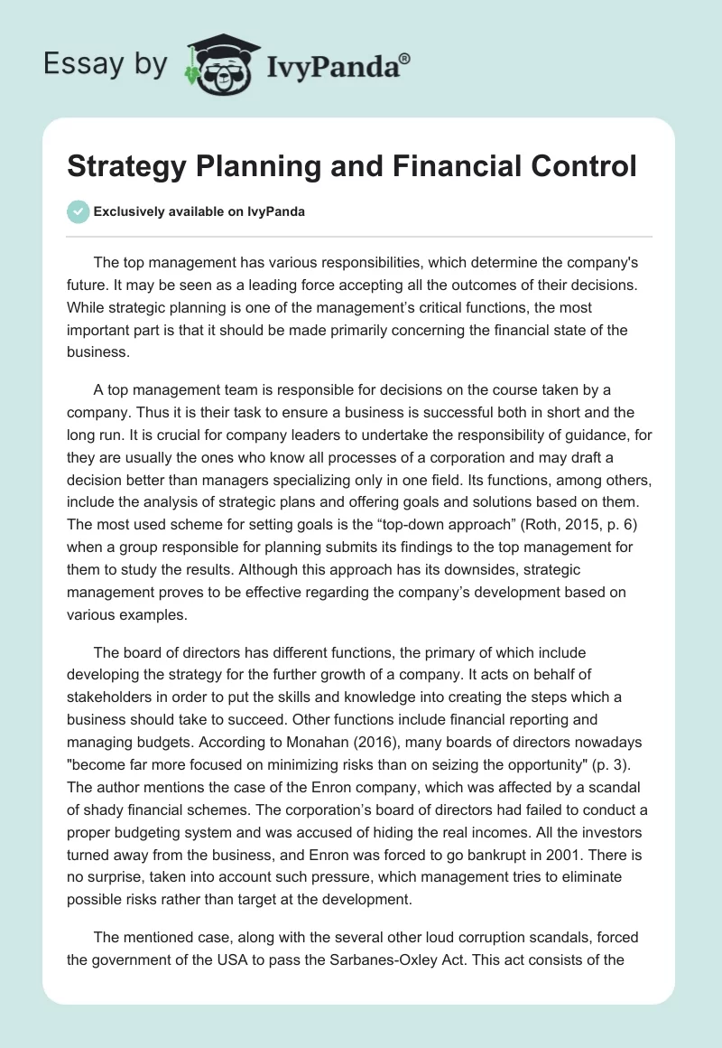 Strategy Planning and Financial Control. Page 1