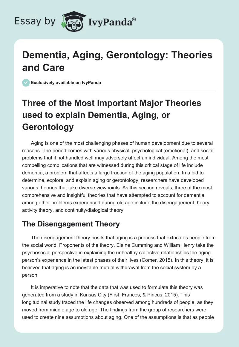 Dementia, Aging, Gerontology: Theories and Care. Page 1