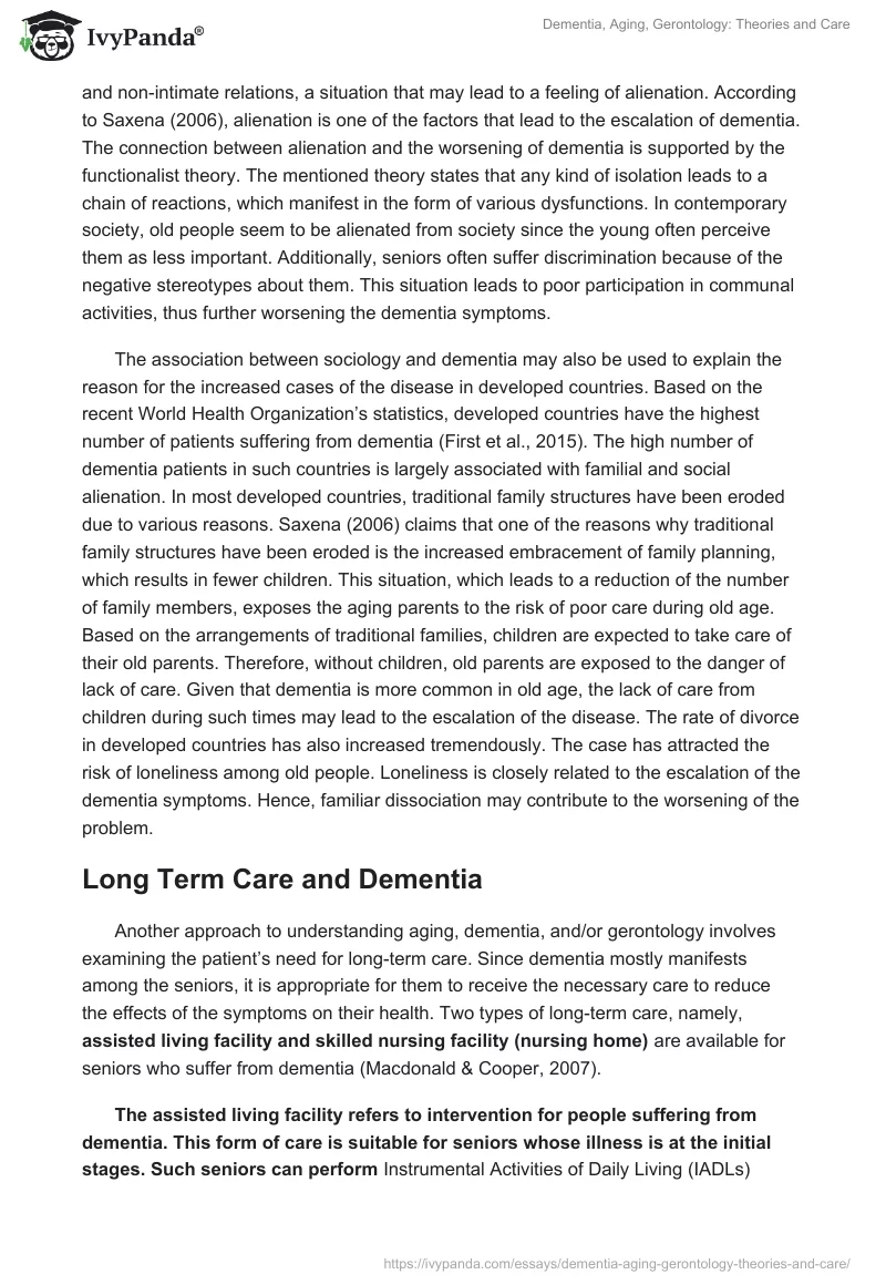 Dementia, Aging, Gerontology: Theories and Care. Page 5