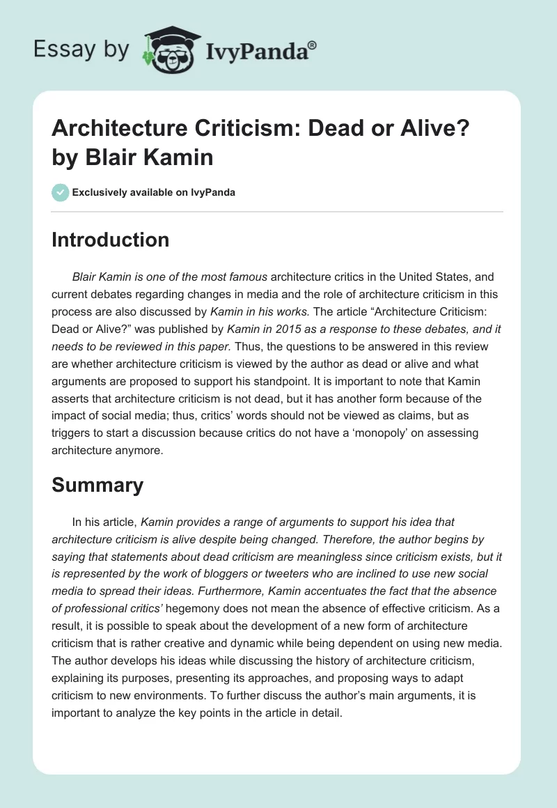 "Architecture Criticism: Dead or Alive?" by Blair Kamin. Page 1