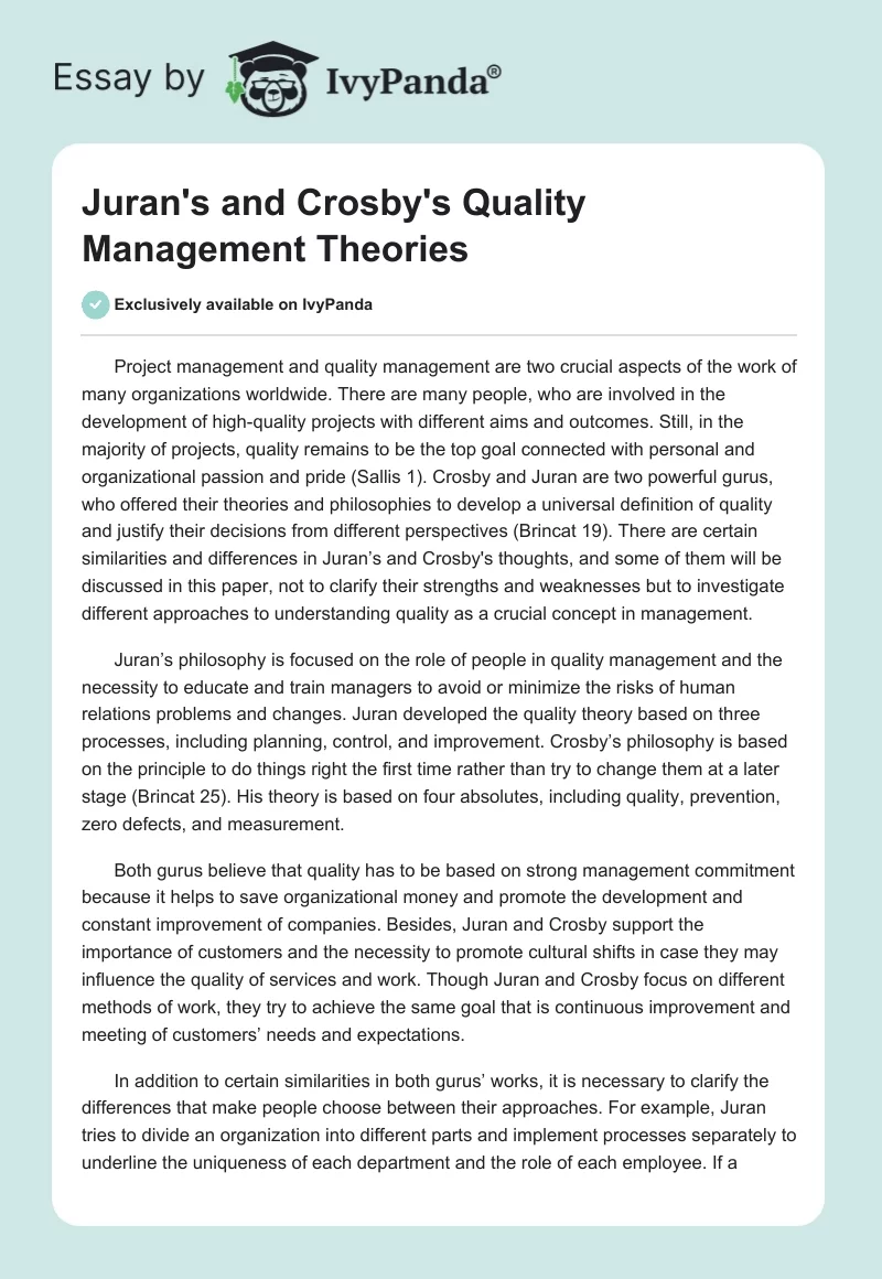 Juran's and Crosby's Quality Management Theories. Page 1