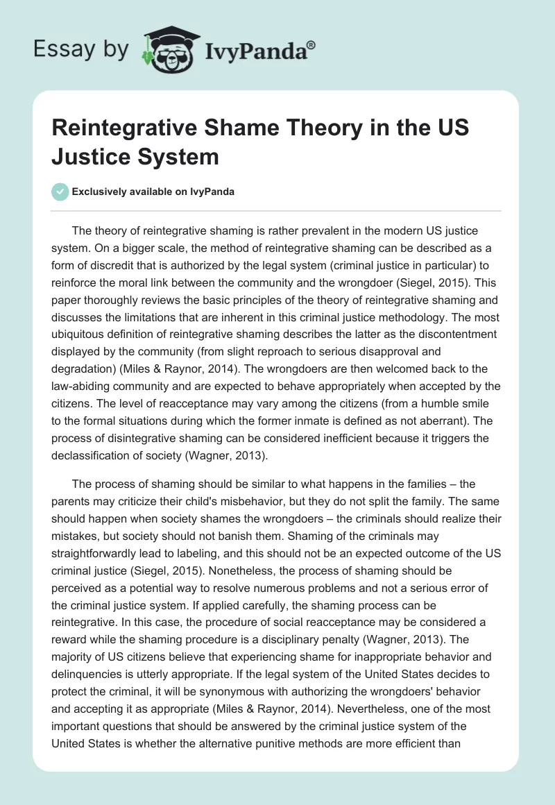 Reintegrative Shame Theory in the US Justice System. Page 1