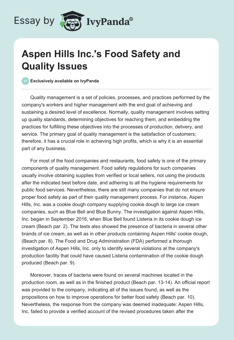 Aspen Hills Inc.'s Food Safety and Quality Issues. Page 1