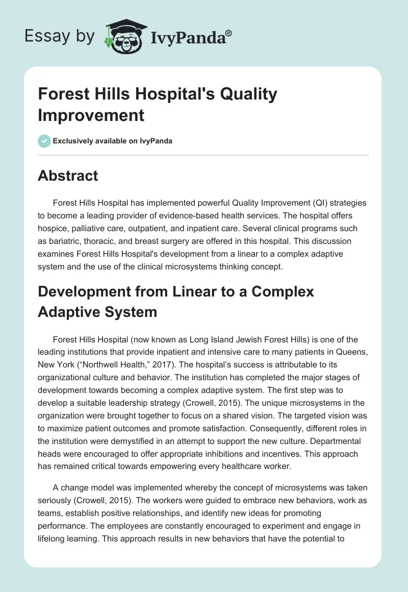 Forest Hills Hospital's Quality Improvement. Page 1