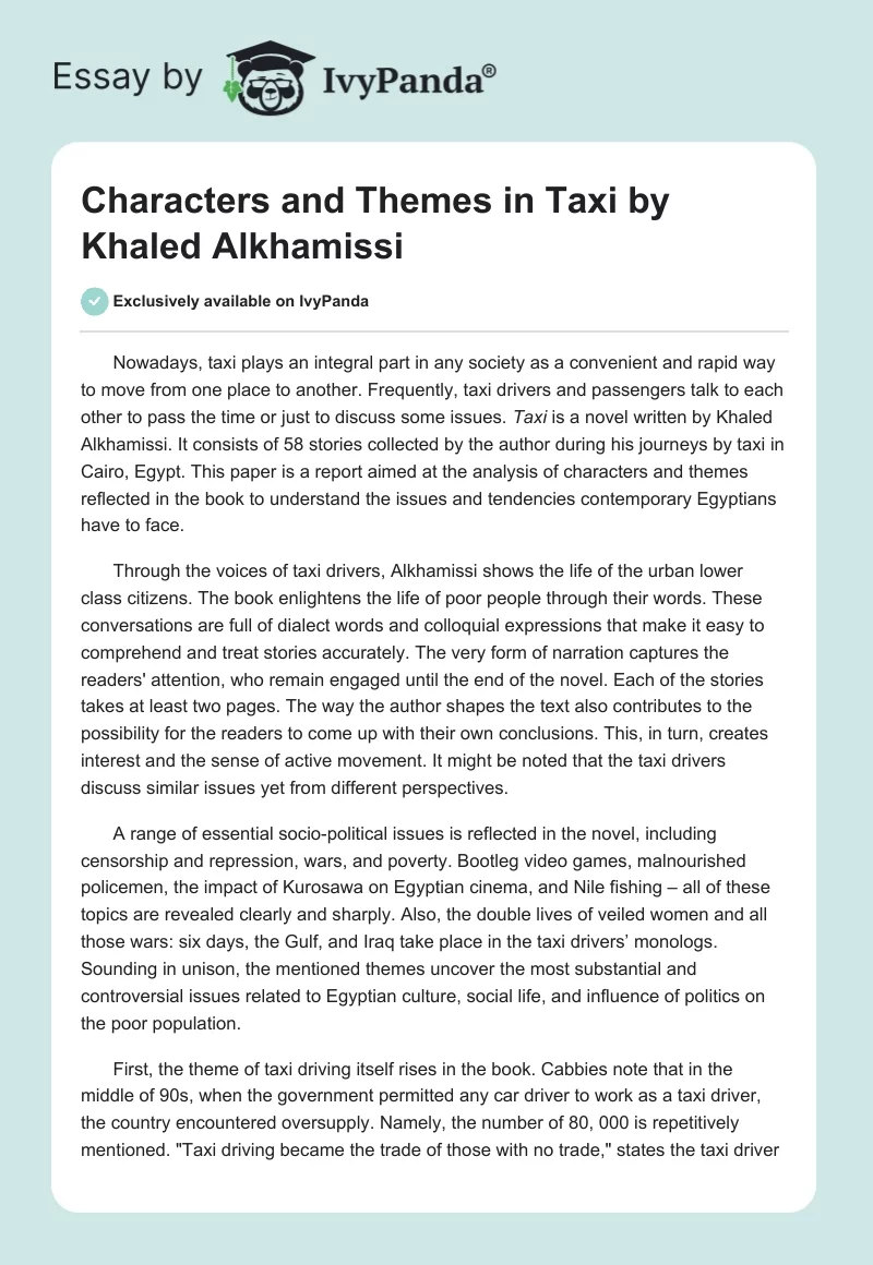 Characters and Themes in "Taxi" by Khaled Alkhamissi. Page 1