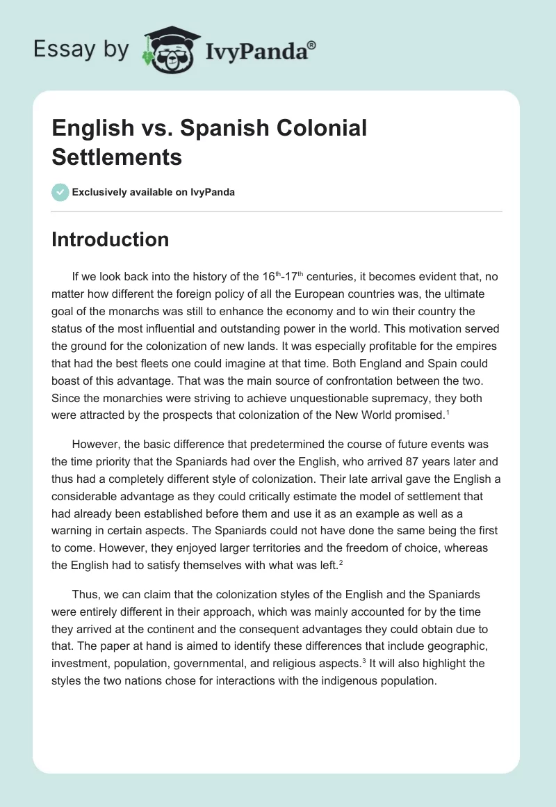 English vs. Spanish Colonial Settlements. Page 1