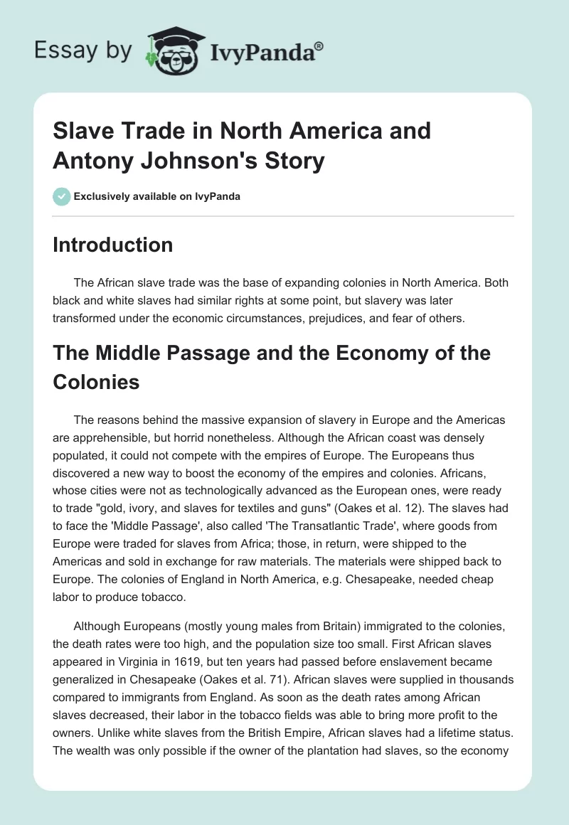 Slave Trade in North America and Antony Johnson's Story. Page 1