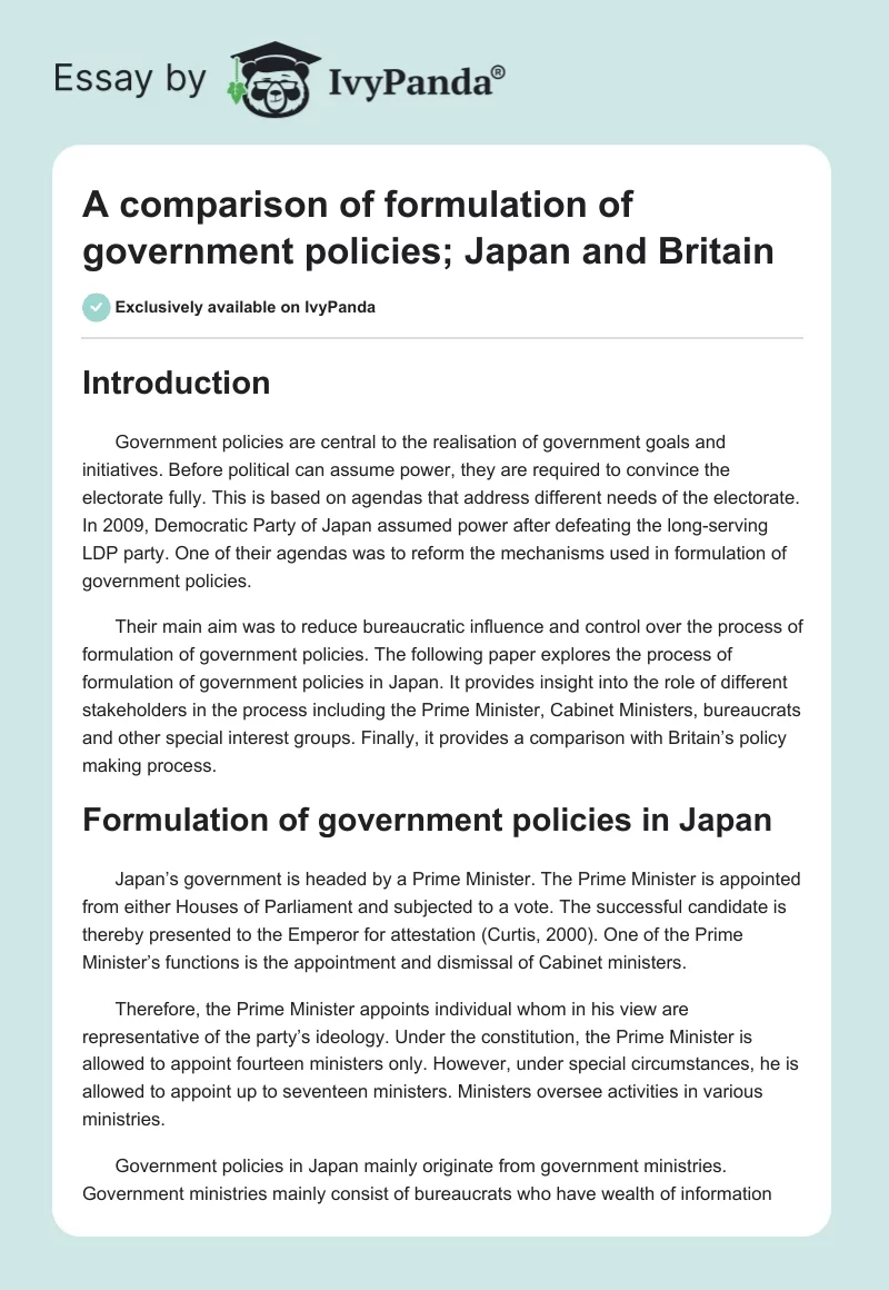 A comparison of formulation of government policies; Japan and Britain. Page 1
