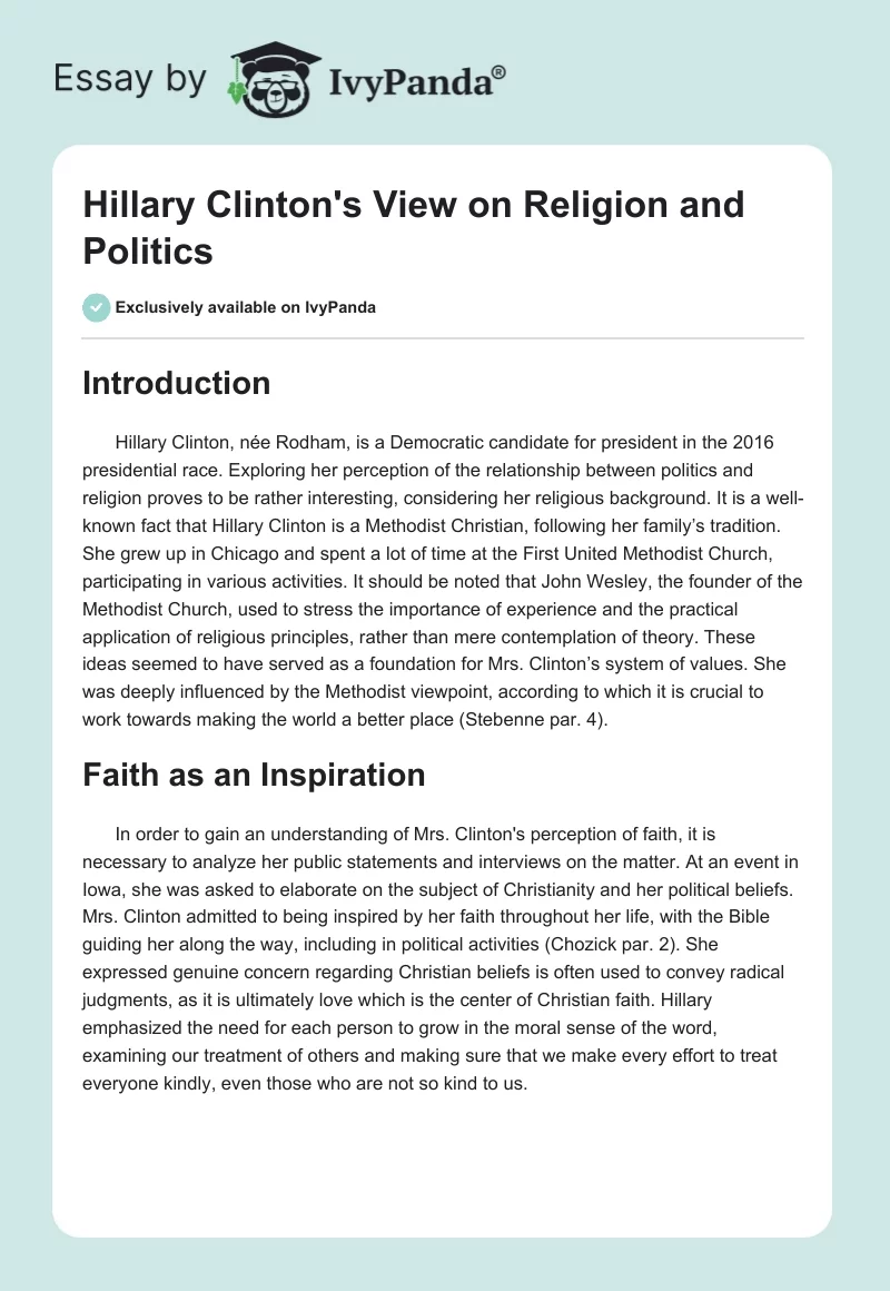 Hillary Clinton's View on Religion and Politics. Page 1