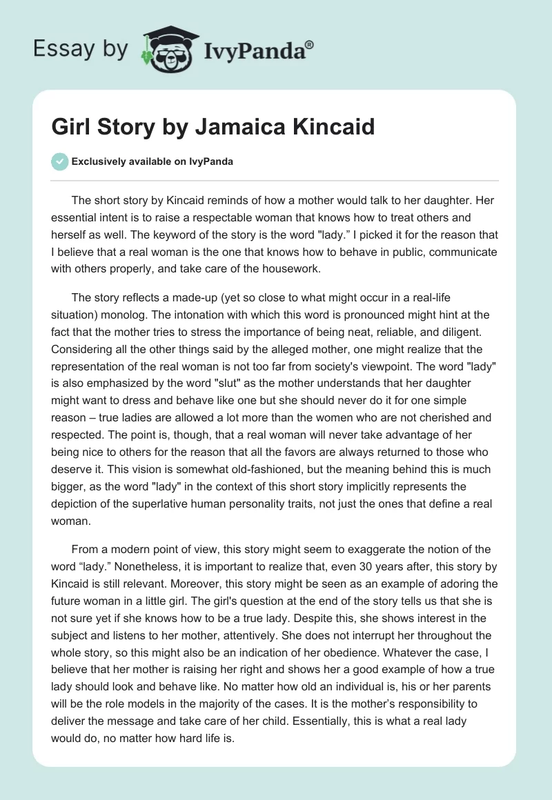 "Girl" Story by Jamaica Kincaid. Page 1