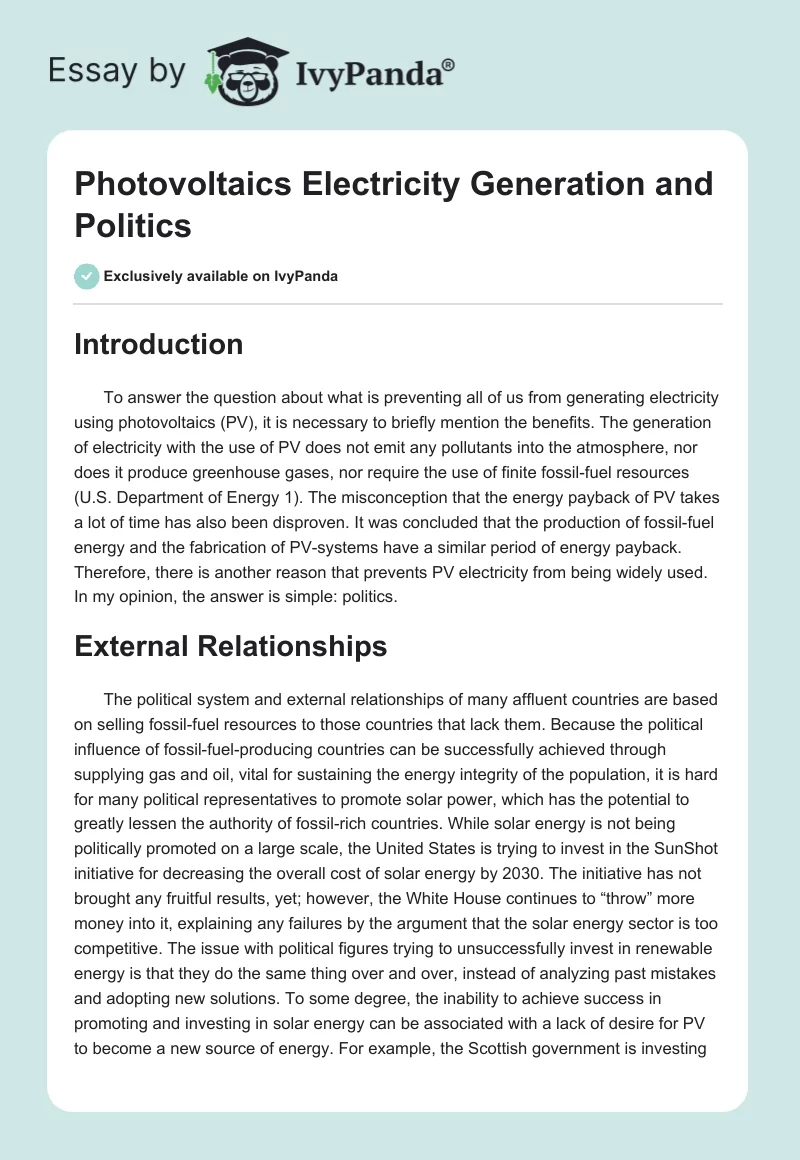 Photovoltaics Electricity Generation and Politics. Page 1