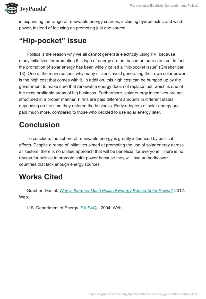 Photovoltaics Electricity Generation and Politics. Page 2