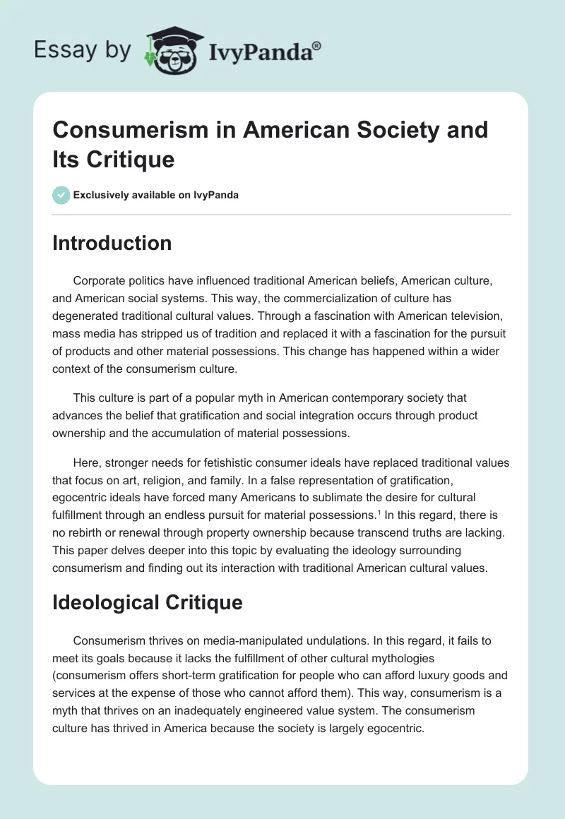 Consumerism in American Society and Its Critique. Page 1
