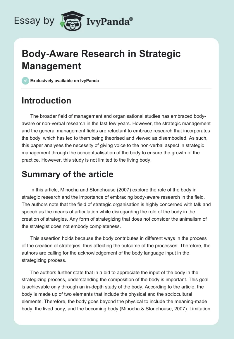 Body-Aware Research in Strategic Management. Page 1