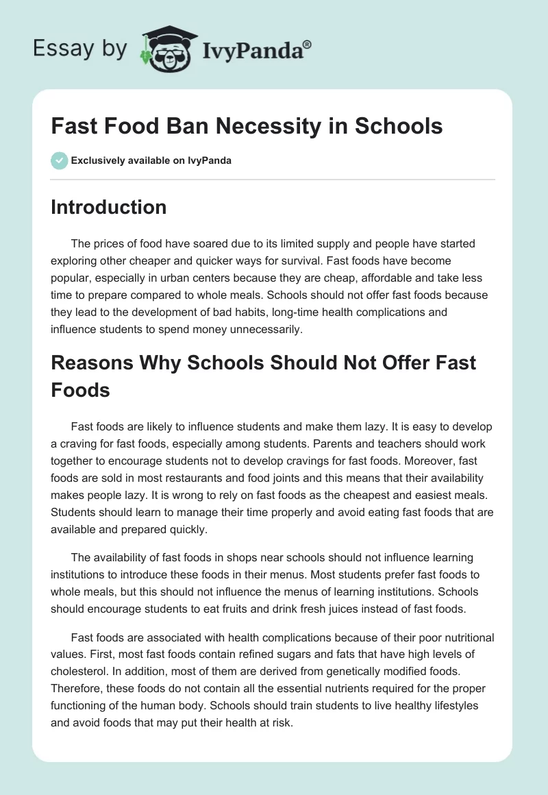 Fast Food Ban Necessity in Schools. Page 1