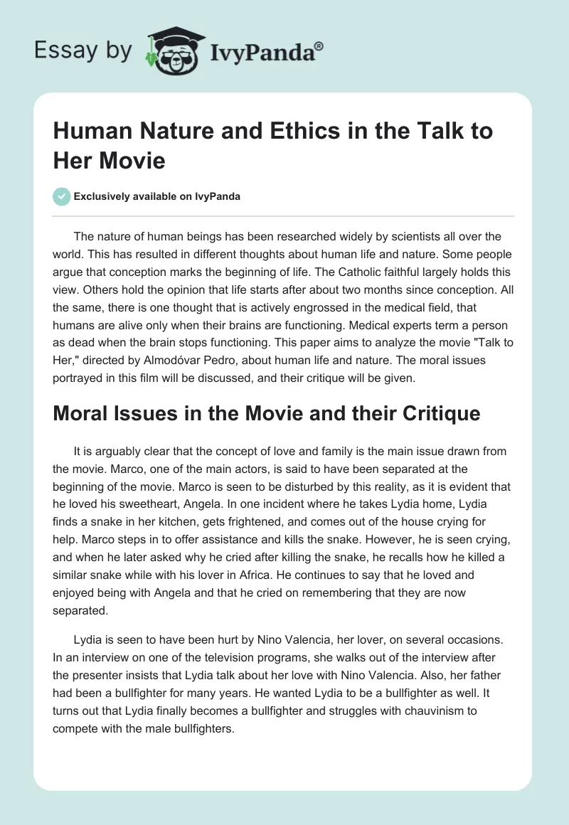 Human Nature and Ethics in the "Talk to Her" Movie. Page 1