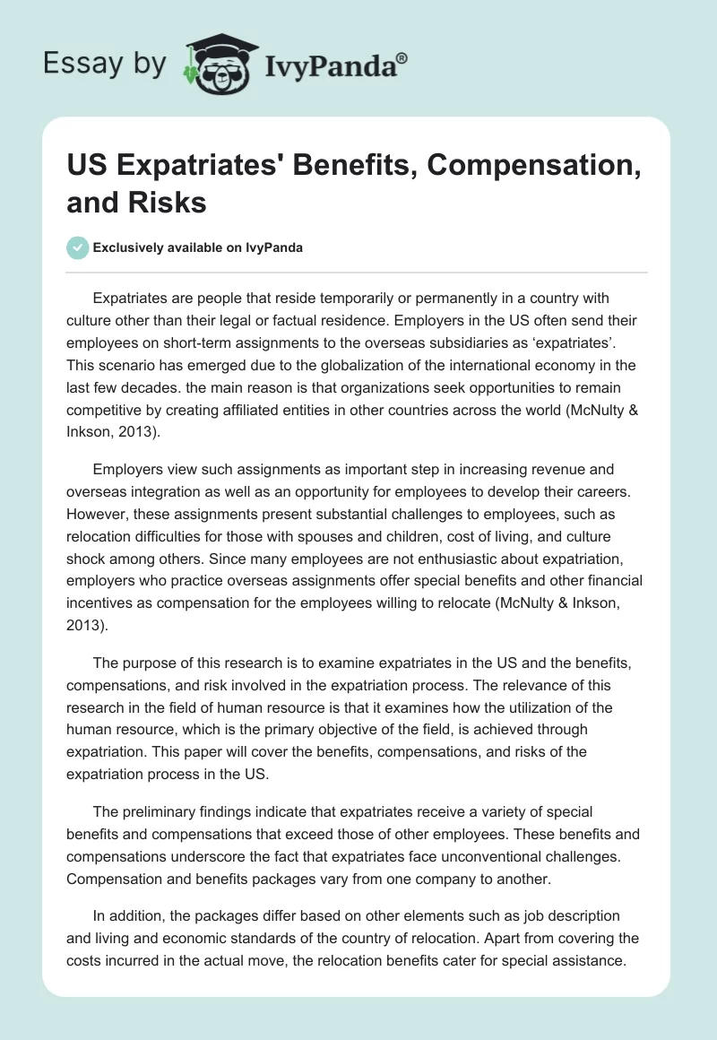 US Expatriates' Benefits, Compensation, and Risks. Page 1