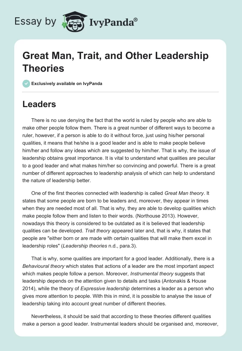 Great Man, Trait, and Other Leadership Theories. Page 1
