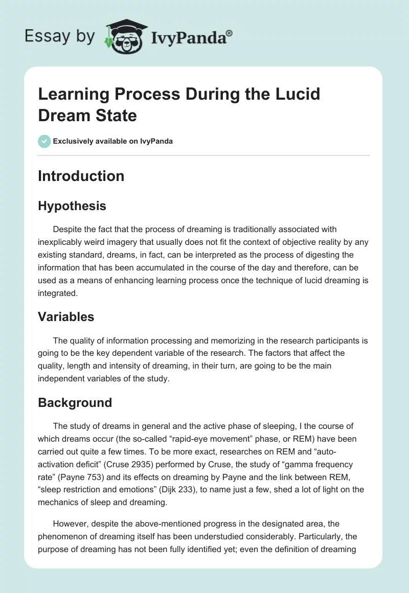Learning Process During the Lucid Dream State. Page 1