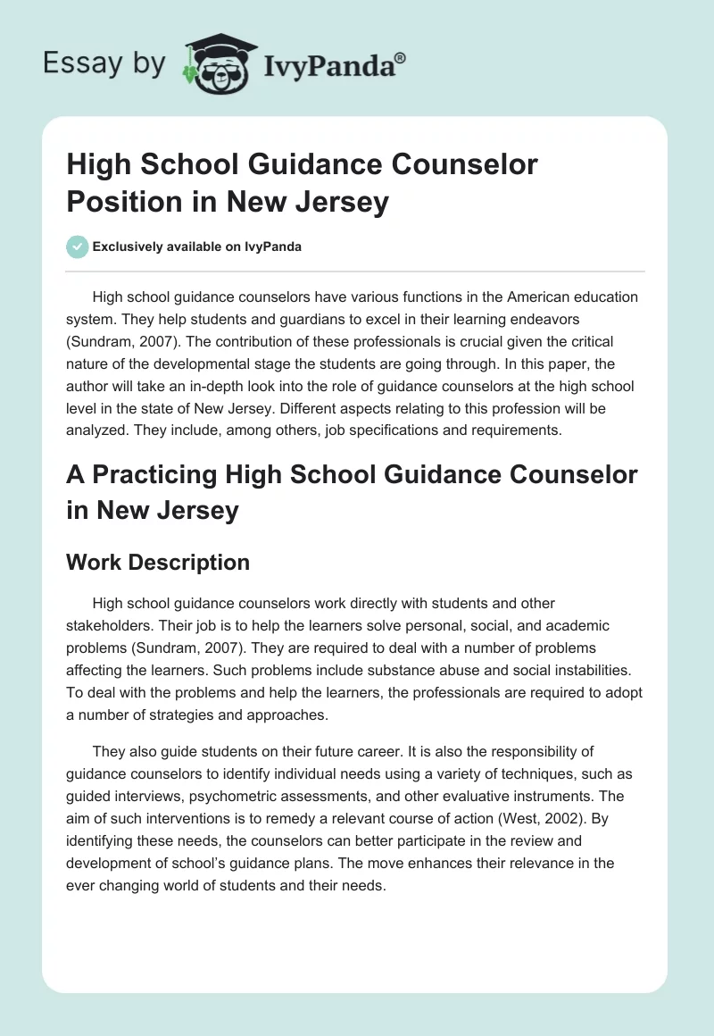 High School Guidance Counselor Position in New Jersey. Page 1