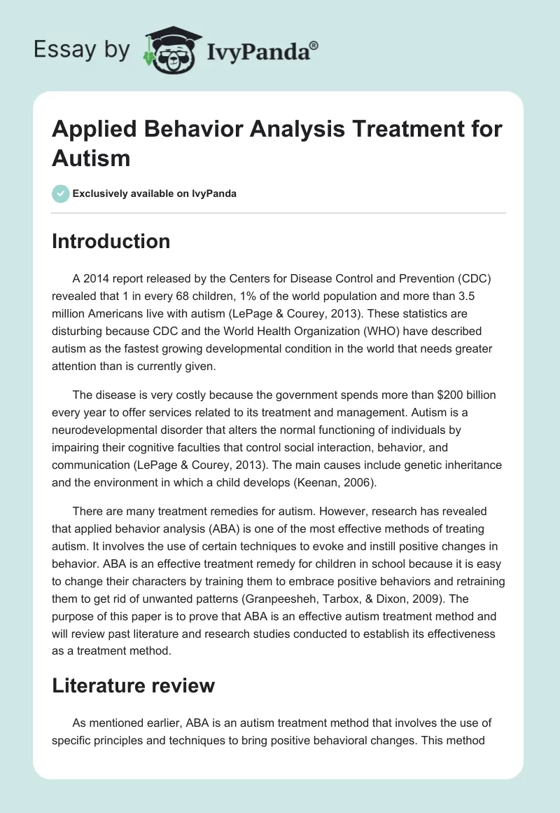 Applied Behavior Analysis Treatment for Autism. Page 1