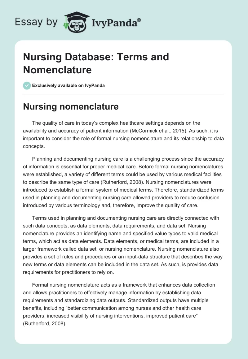 Nursing Database: Terms and Nomenclature. Page 1