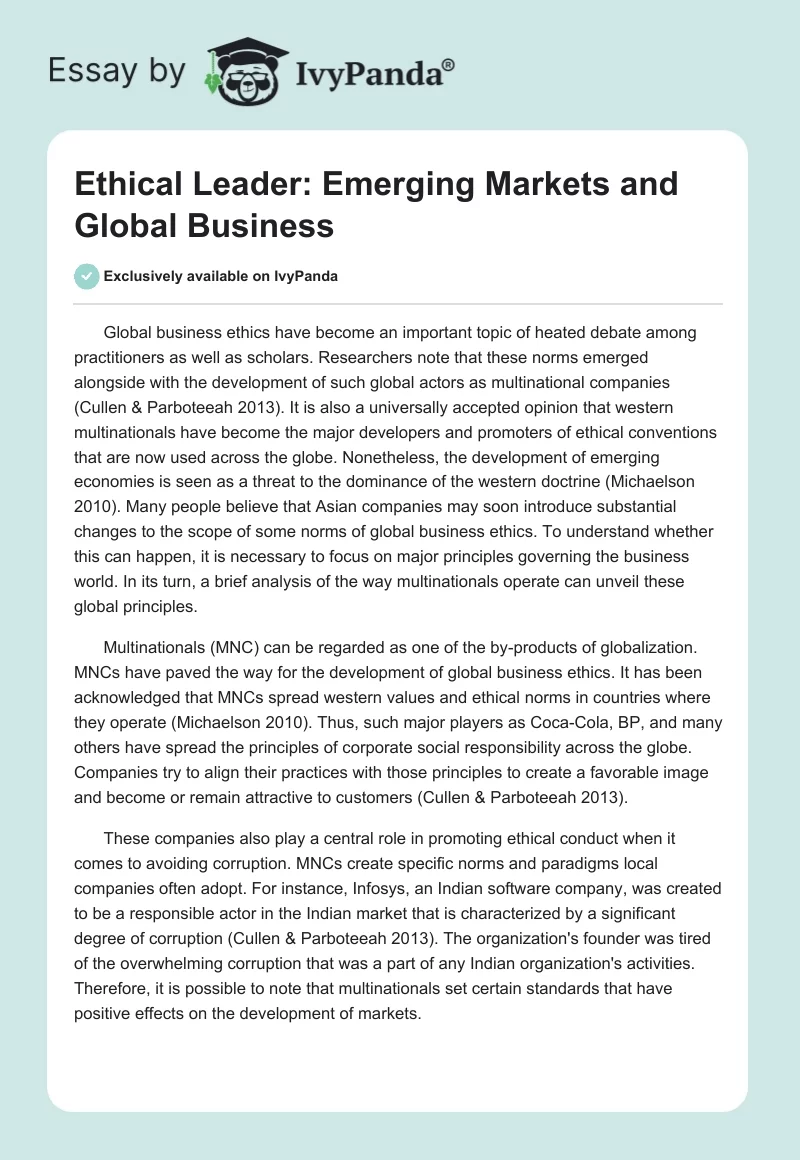 Ethical Leader: Emerging Markets and Global Business. Page 1