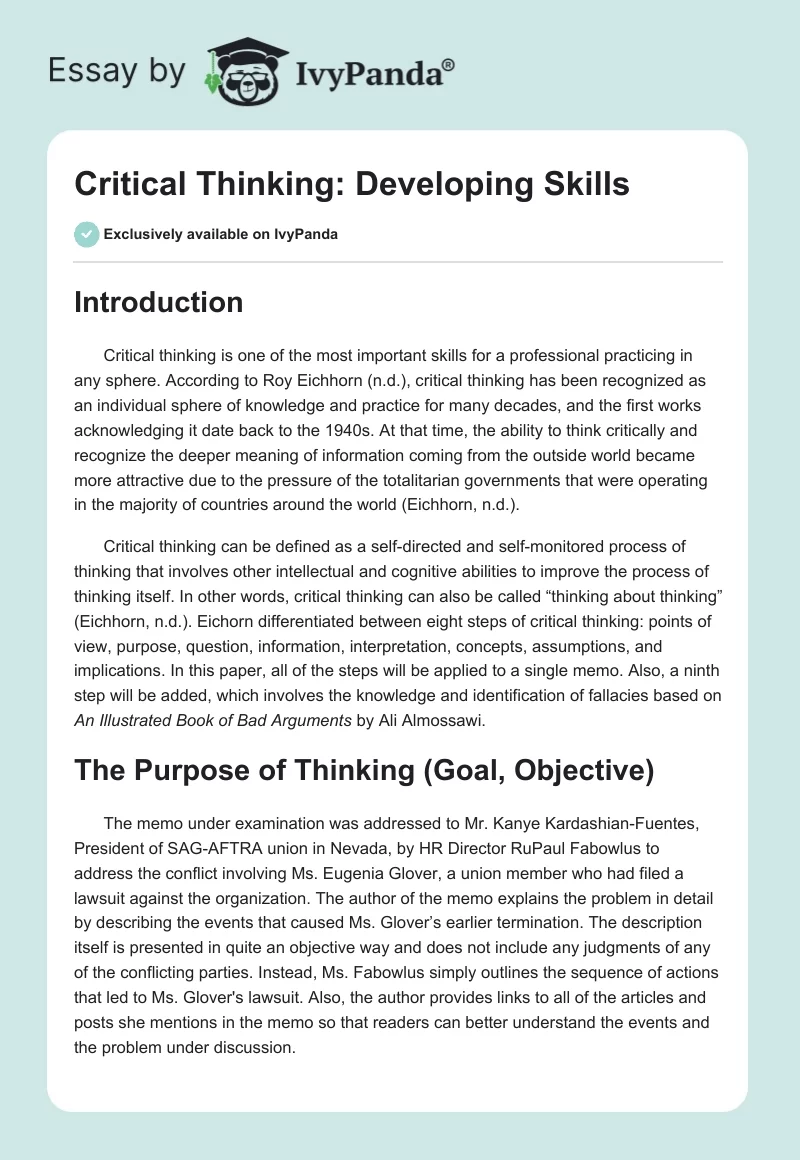 Critical Thinking: Developing Skills. Page 1