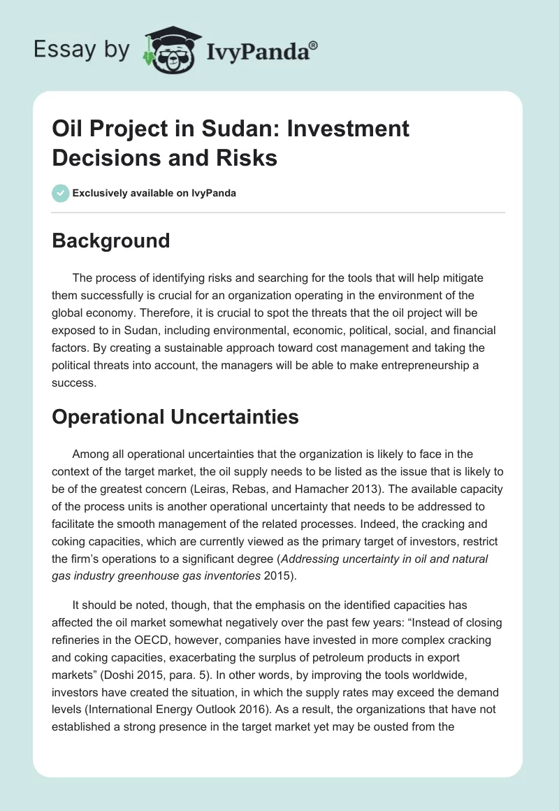 Oil Project in Sudan: Investment Decisions and Risks. Page 1