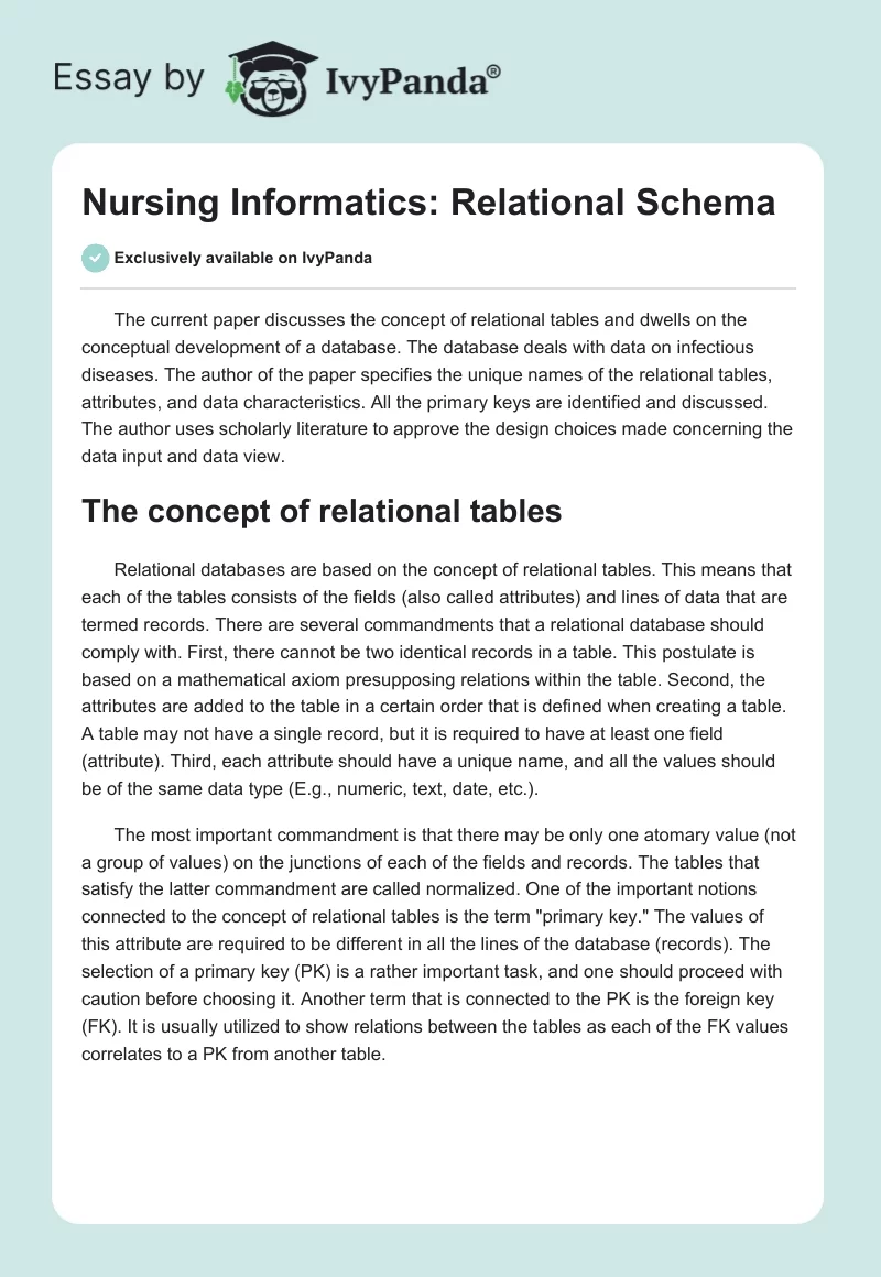 Nursing Informatics: Relational Schema. Page 1