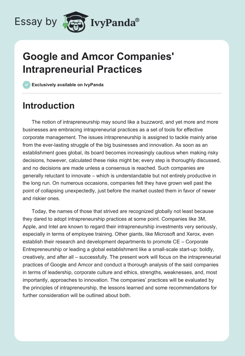 Google and Amcor Companies' Intrapreneurial Practices. Page 1