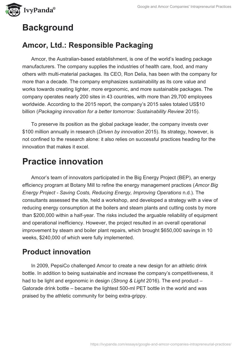 Google and Amcor Companies' Intrapreneurial Practices. Page 2