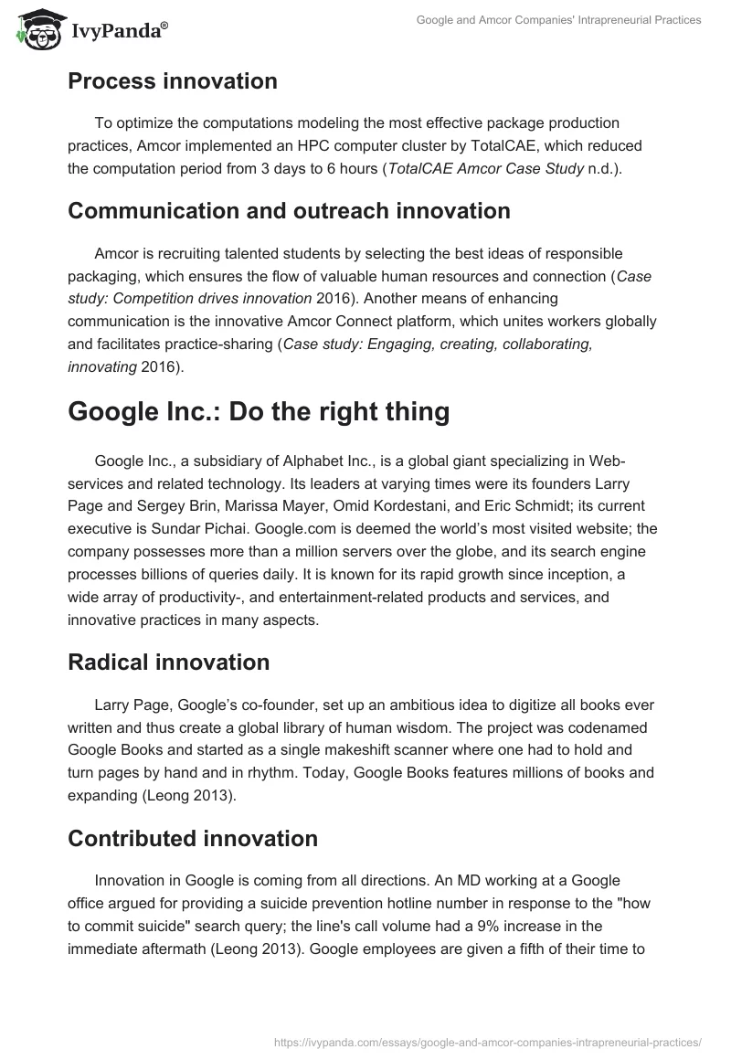 Google and Amcor Companies' Intrapreneurial Practices. Page 3