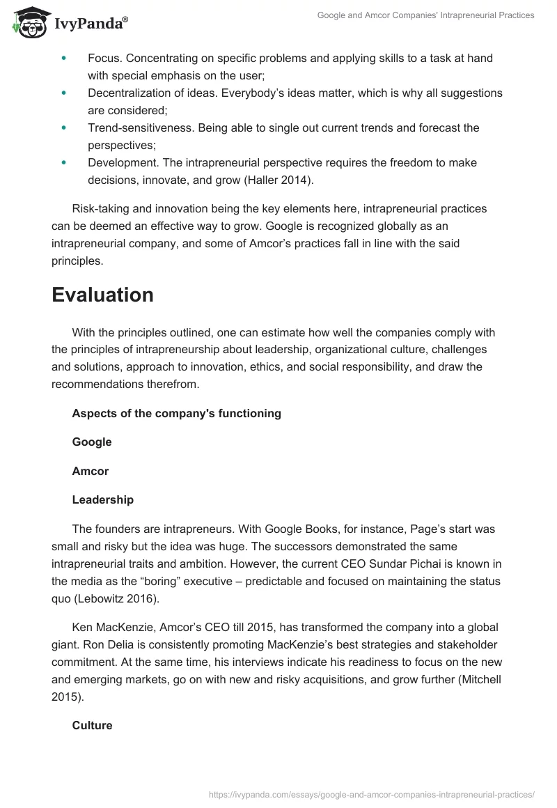 Google and Amcor Companies' Intrapreneurial Practices. Page 5