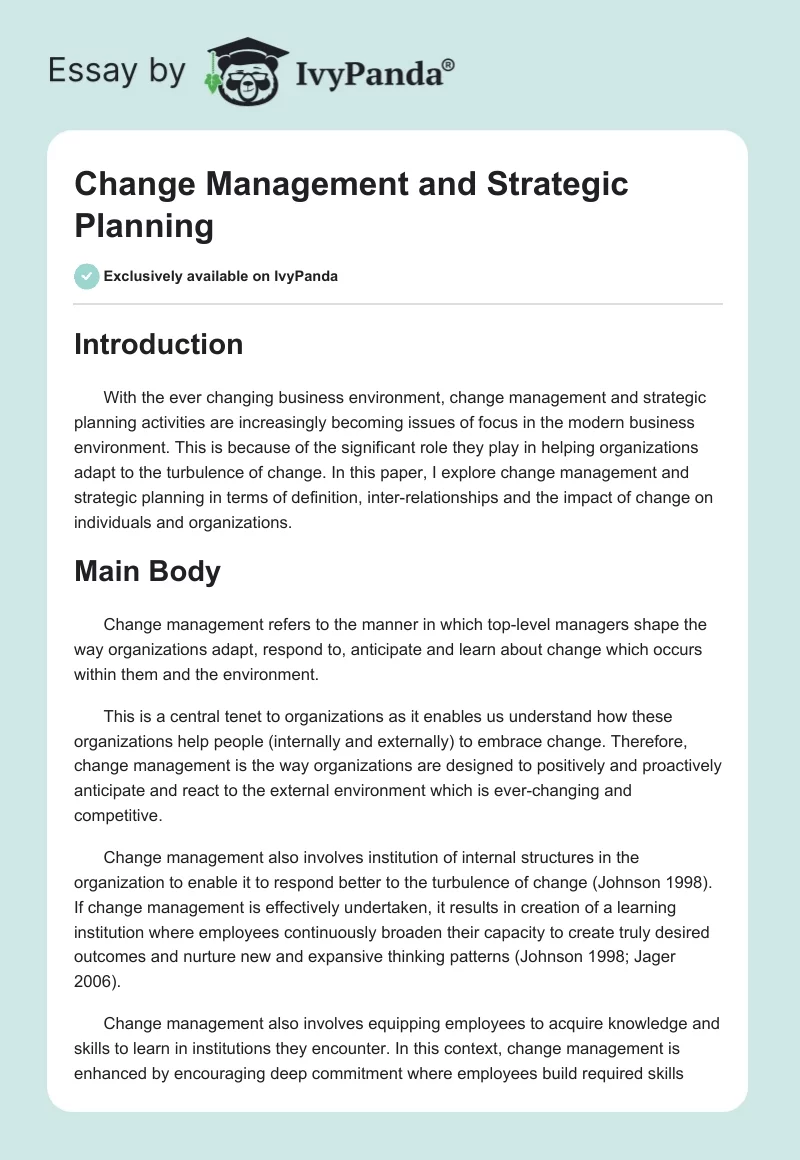 Change Management and Strategic Planning. Page 1