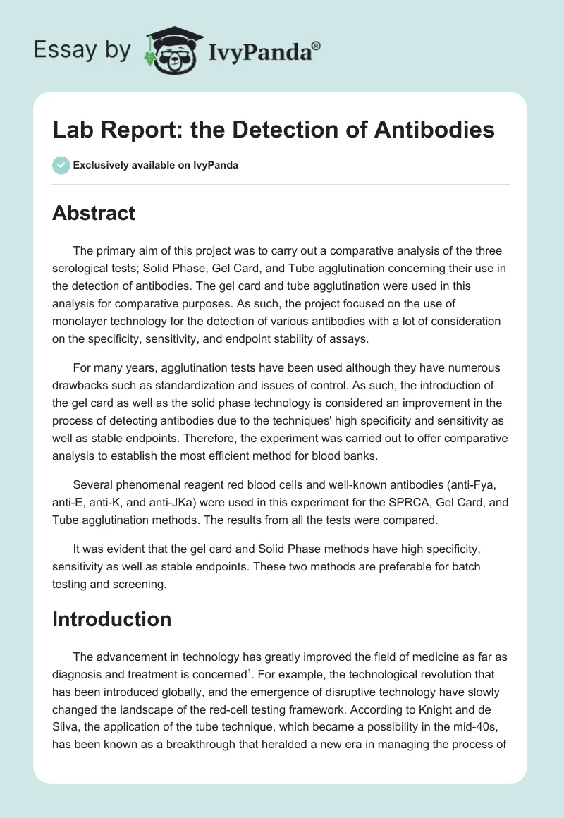 Lab Report: the Detection of Antibodies. Page 1