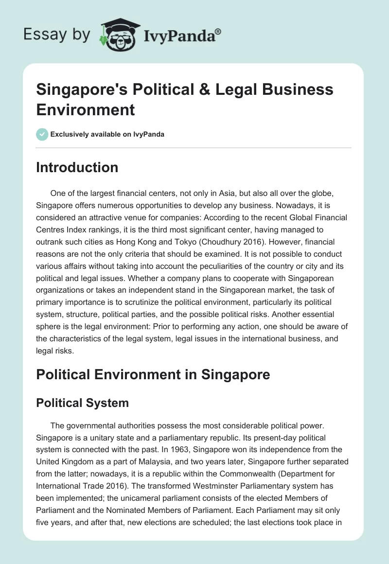Singapore's Political & Legal Business Environment. Page 1