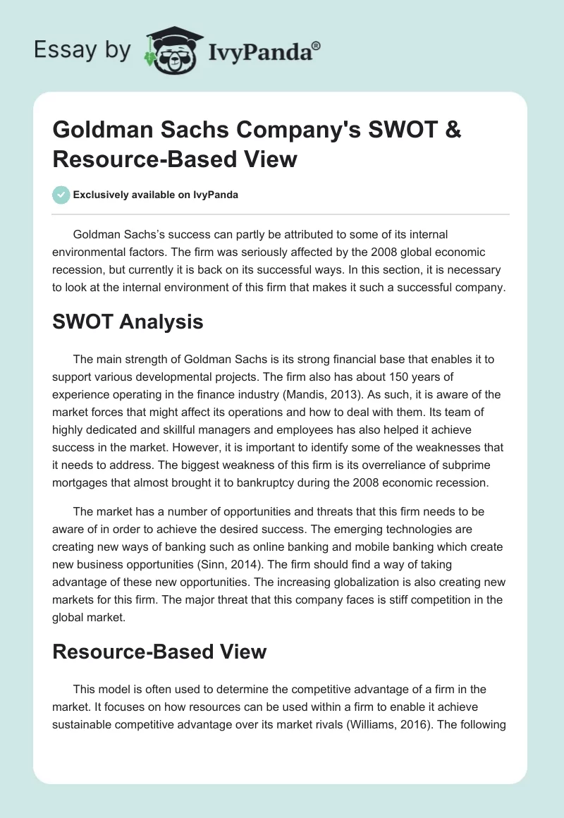 Goldman Sachs Company's SWOT & Resource-Based View. Page 1