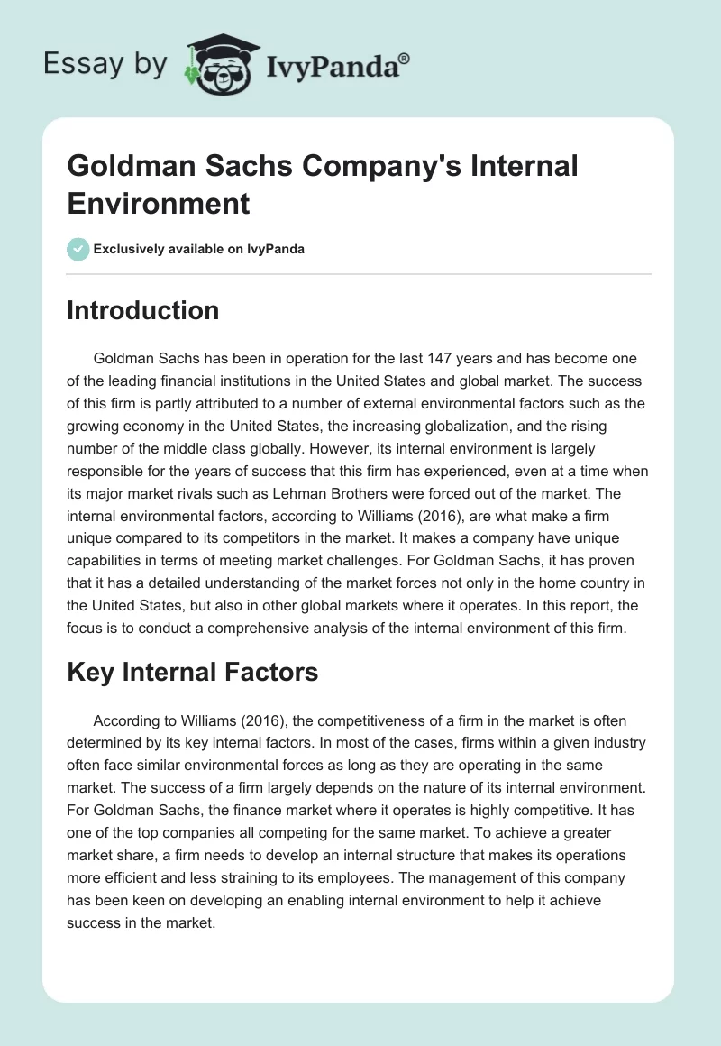 Goldman Sachs Company's Internal Environment. Page 1