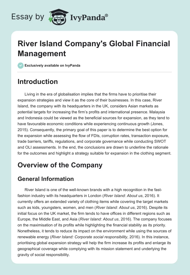 River Island Company's Global Financial Management. Page 1