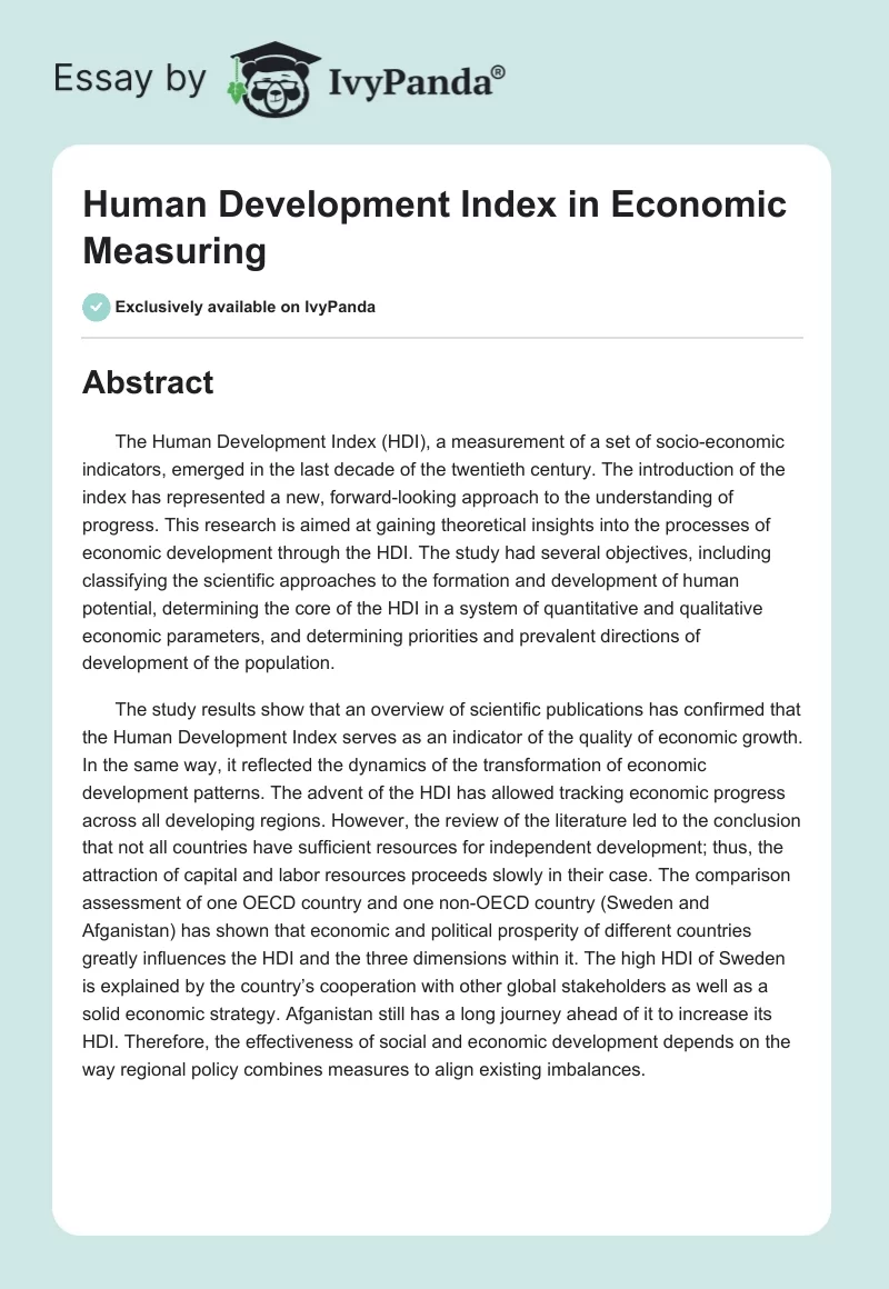 Human Development Index in Economic Measuring. Page 1