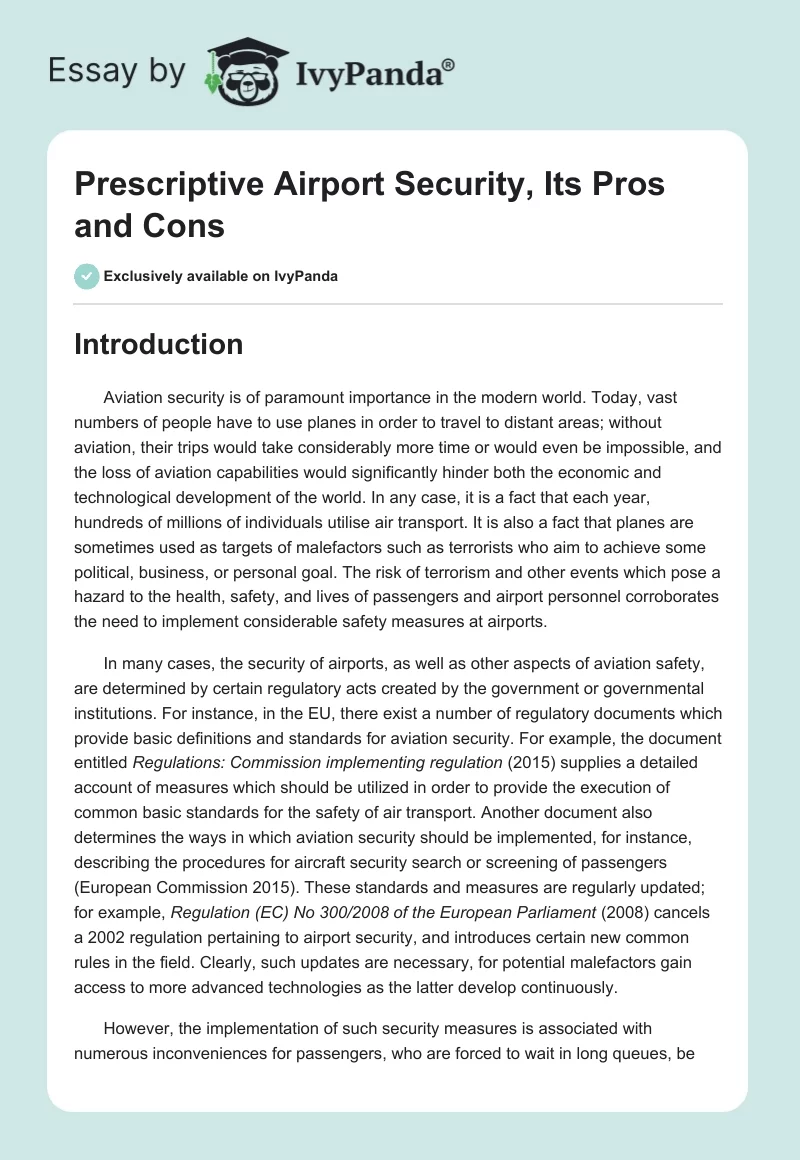 Prescriptive Airport Security, Its Pros and Cons. Page 1