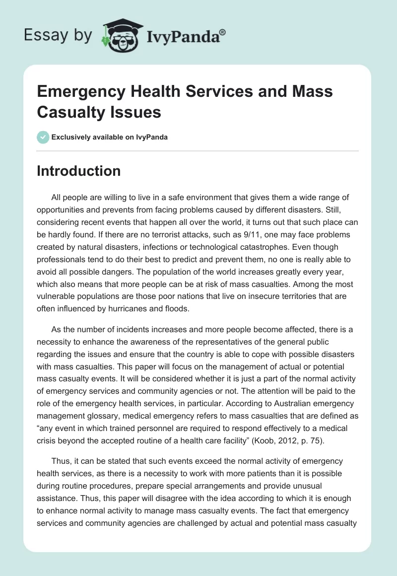 Emergency Health Services and Mass Casualty Issues. Page 1
