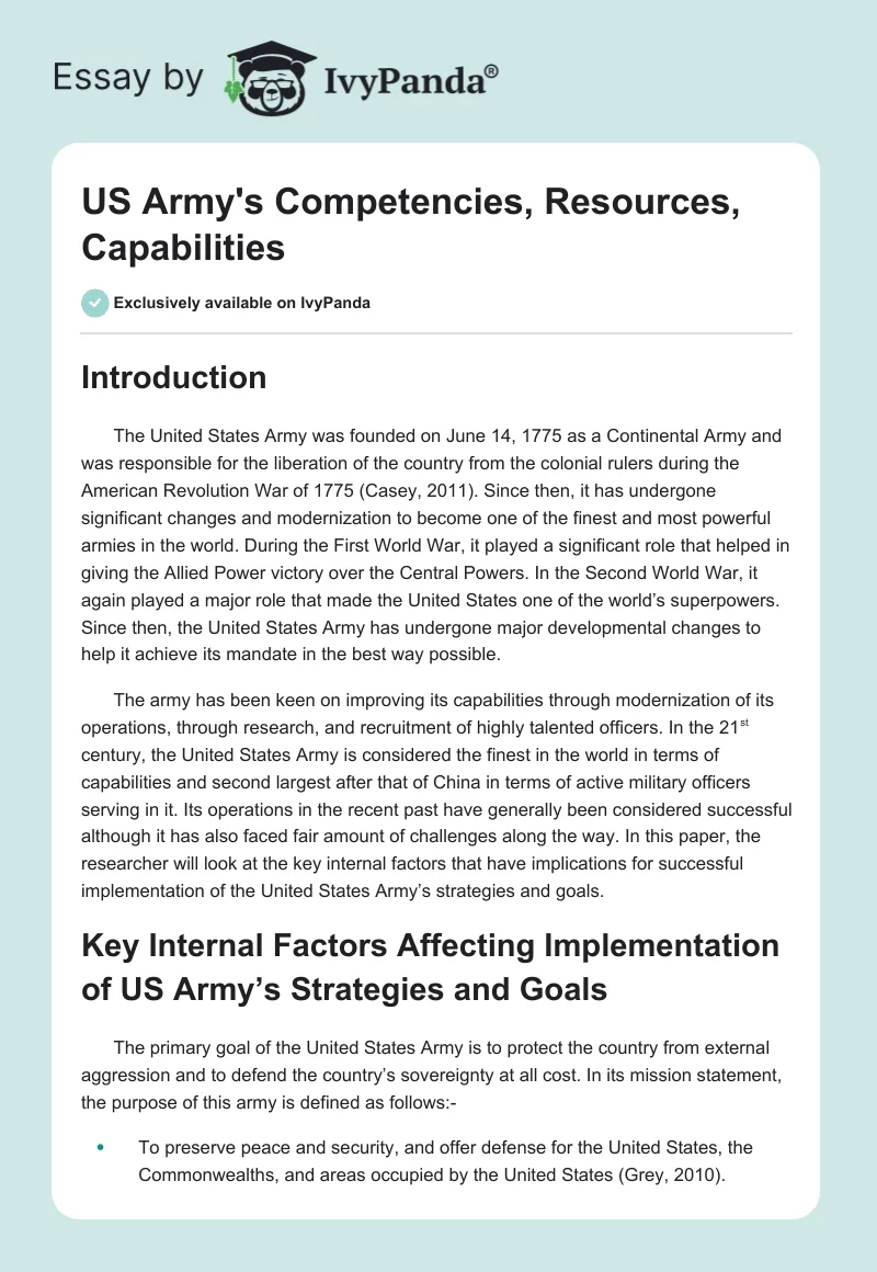 US Army's Competencies, Resources, Capabilities. Page 1