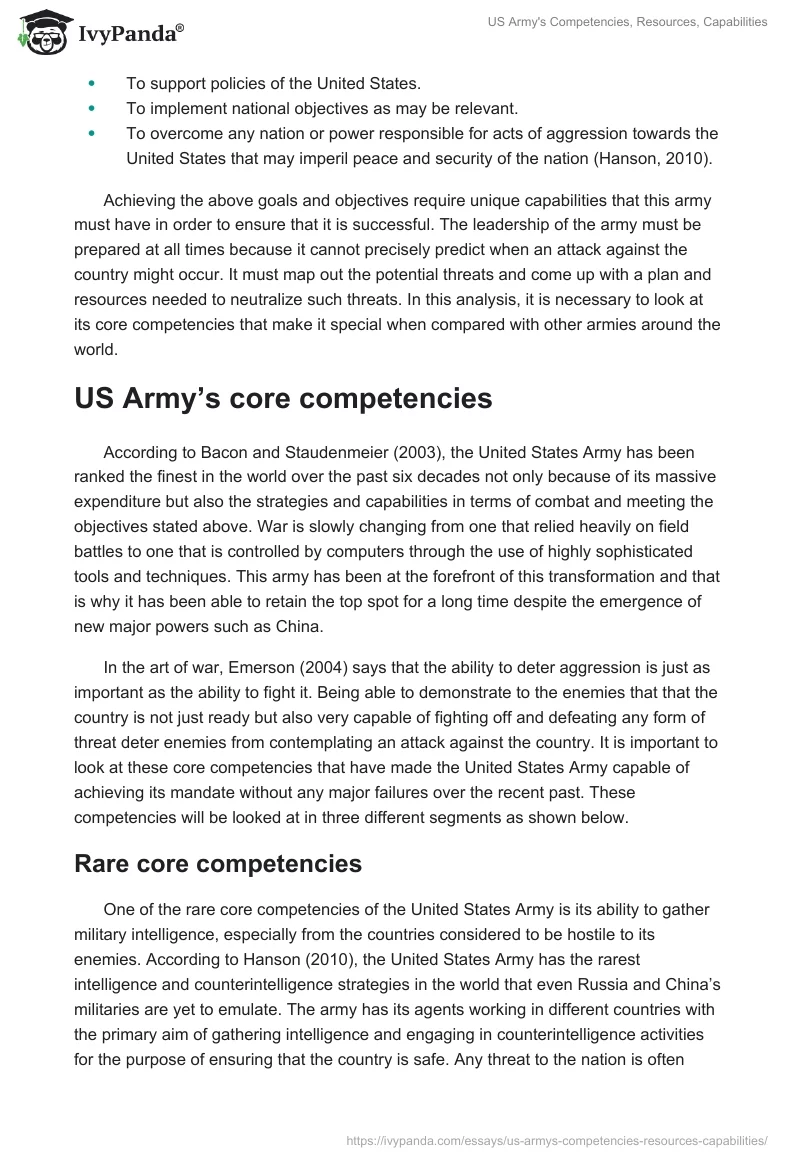 US Army's Competencies, Resources, Capabilities. Page 2